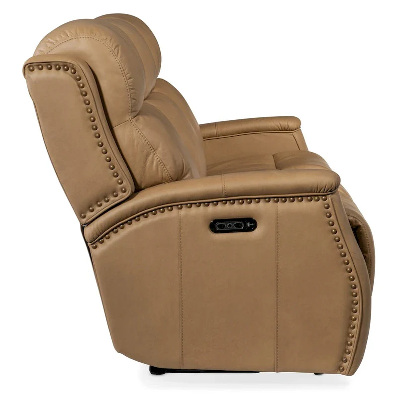 Sahara Sand / Ash Leather Power Recliner Sofa with USB Port & Brass Nailhead Trim – 3-Seat