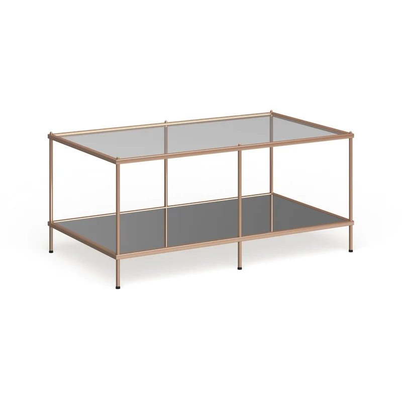 Rectangular Coffee Table - Gold, Glass Top with Mirrored Shelf, Multi-User