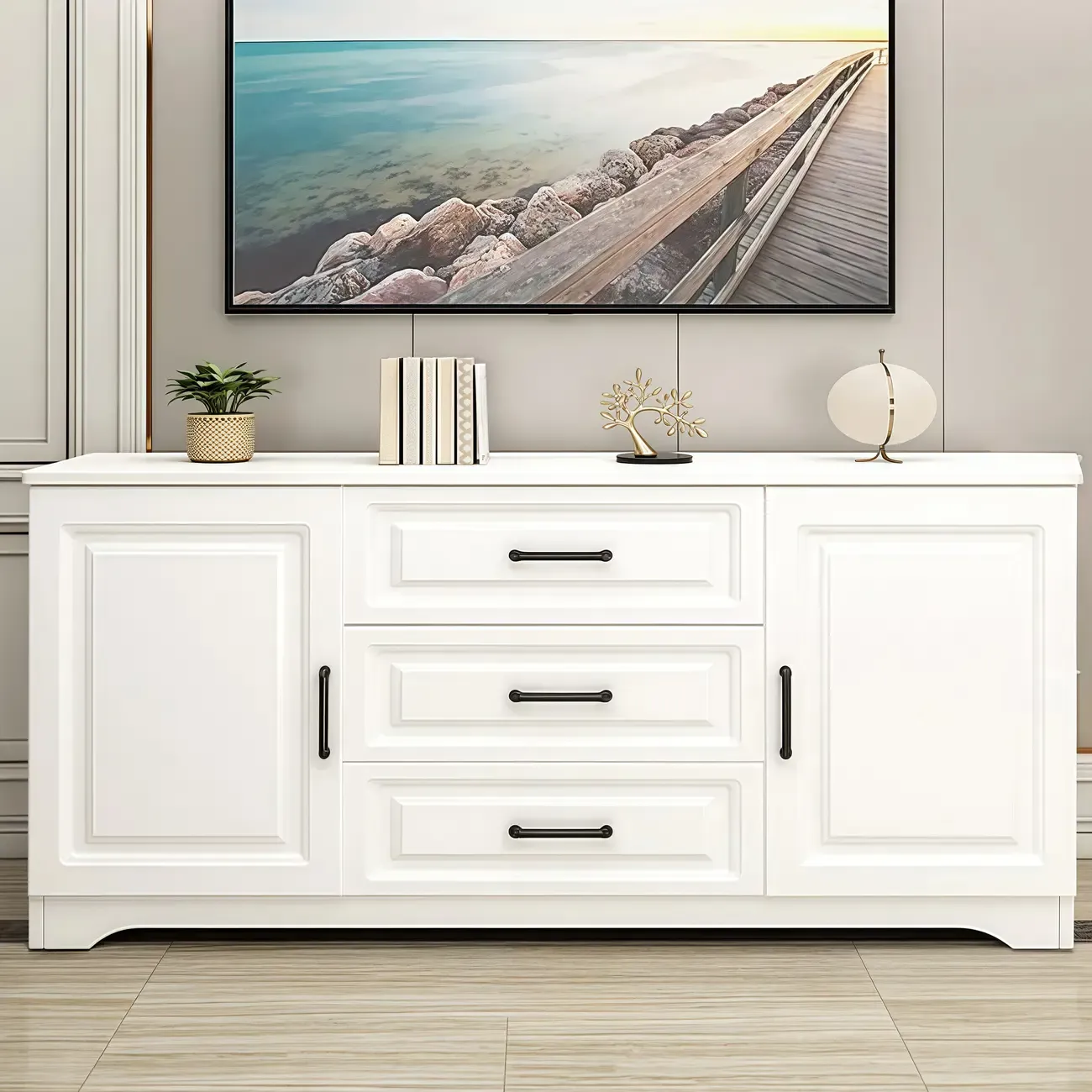 Modern Rectangular White 3-Drawer Wooden TV Stand
