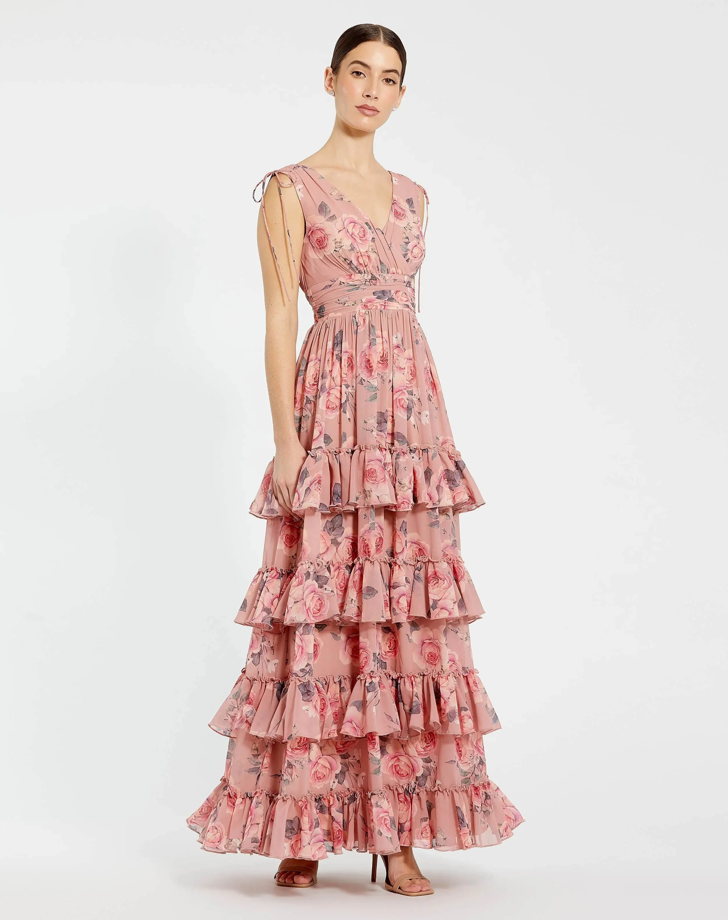 Pink Drawstring Shoulder Chiffon Tiered Floral Dress