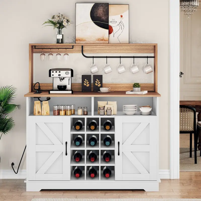 Bar Cabinet with Wine Rack and Power Outlets - 12-Bottle Storage (Black & Grey/White & Wood)
