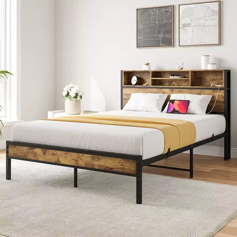 Okak Full Size Bed Frame with Storage Headboard, Metal Platform Bed with Charging Station, Bookcase Storage for Bedroom, Living Room, Black