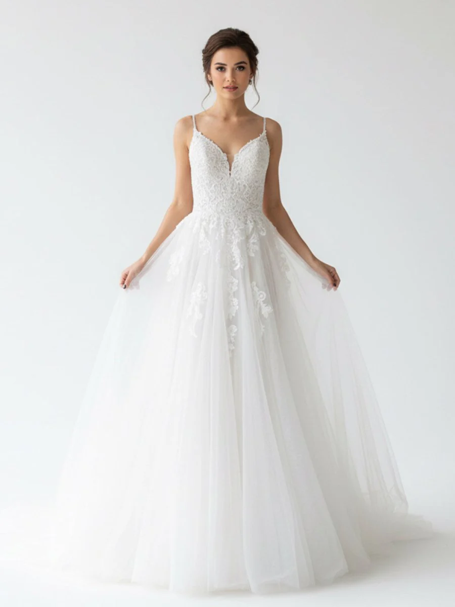 Spaghetti Straps White A Line Tulle Wedding Dresses with Lace Appliques