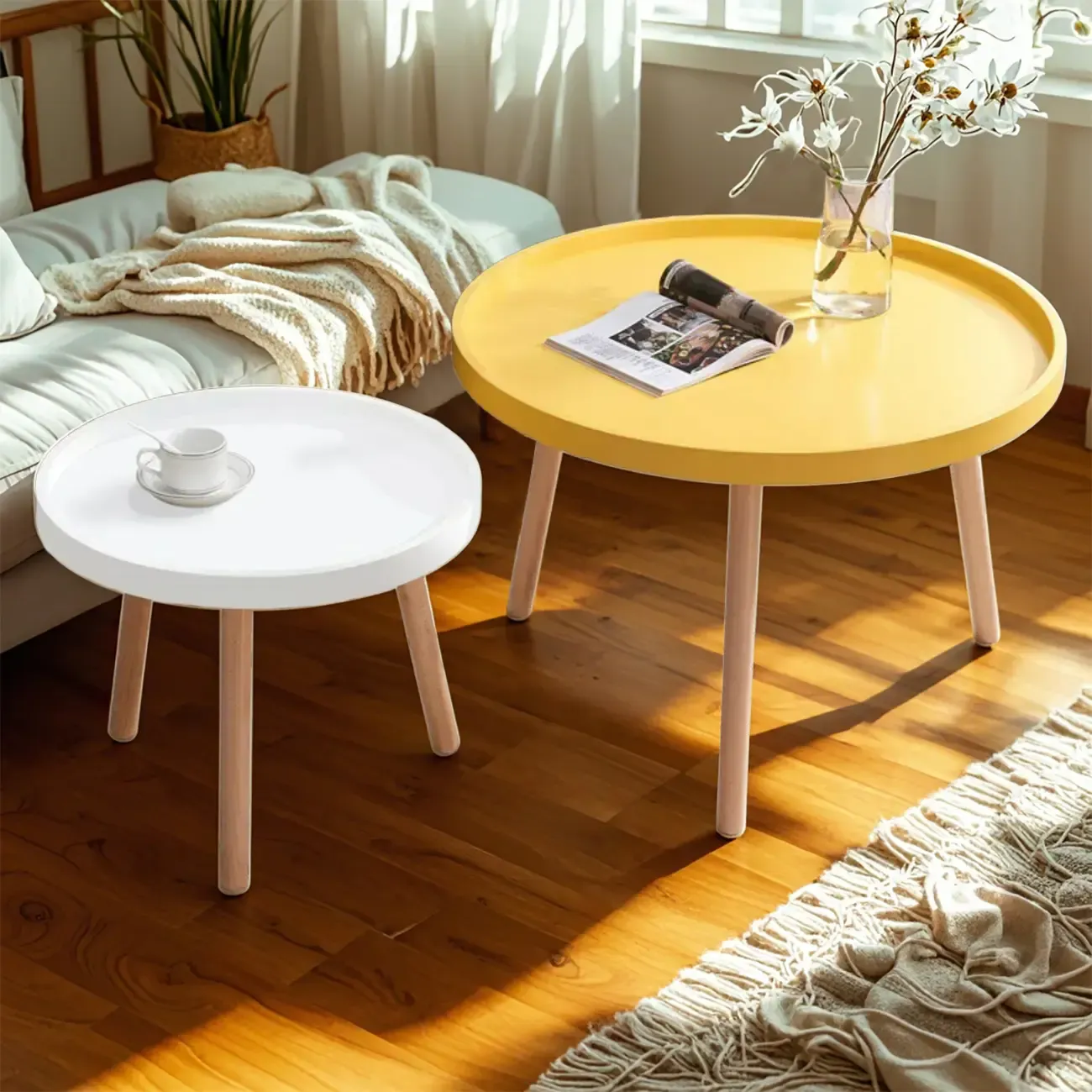 Modern Round Waterproof Coffee Table with Wood Three Leg