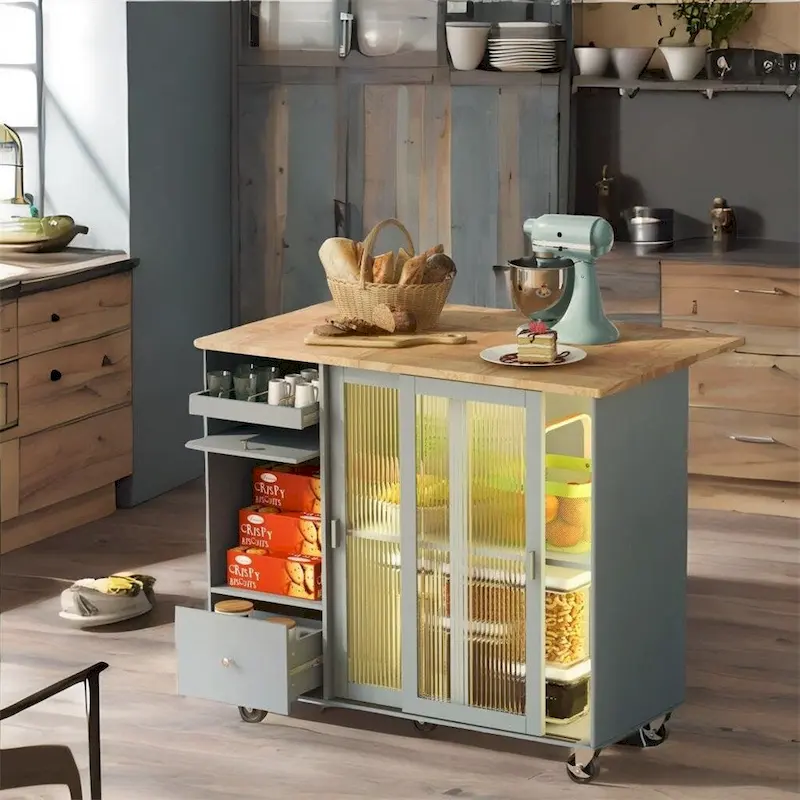 Kitchen Island with Drop Leaf,LED Light Kitchen Cart on Wheels