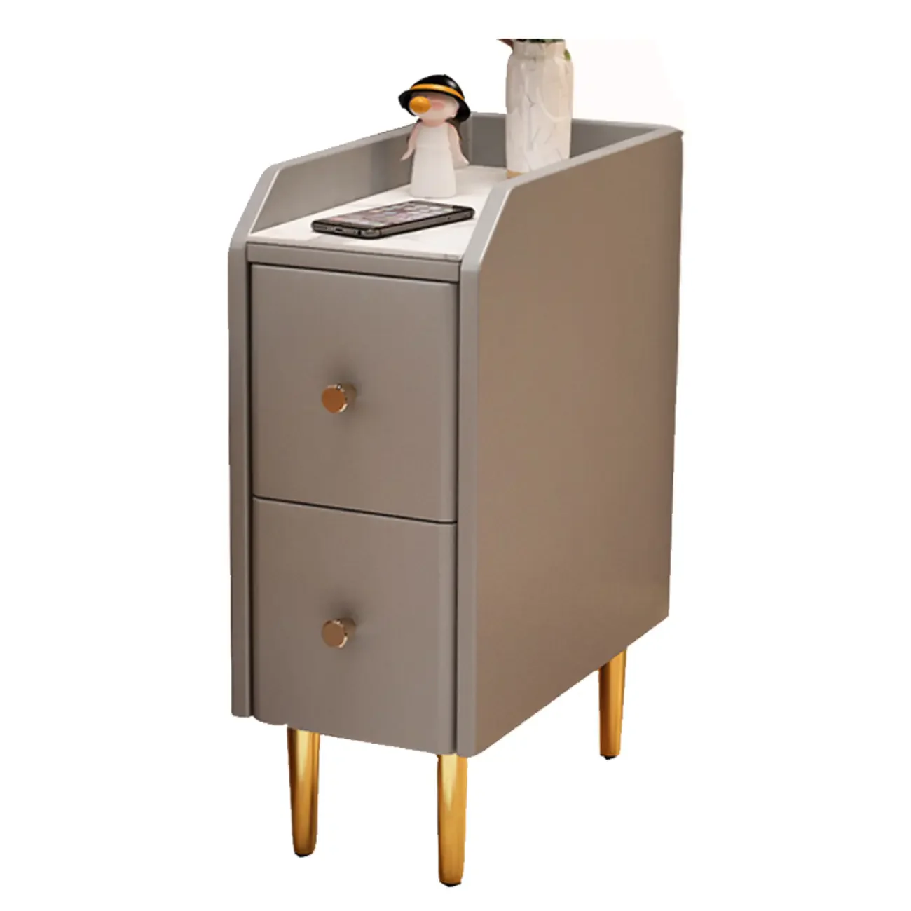 Narrow Faux Leather Drawer Nightstand with Stone Countertop