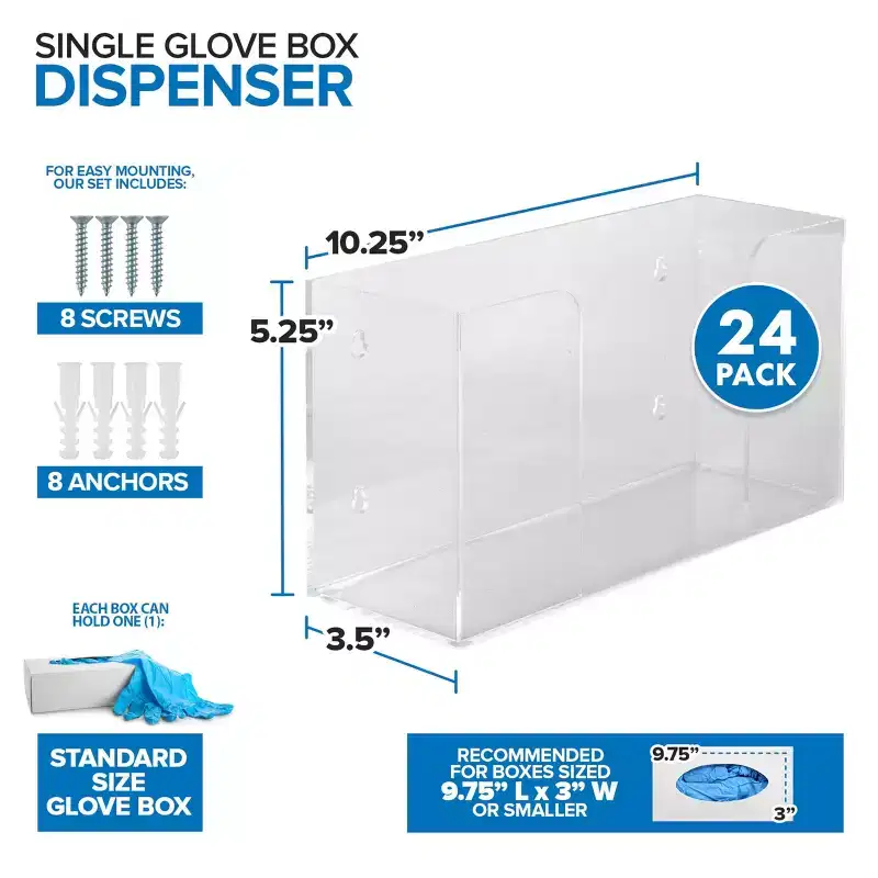 Stock Your Home Single Acrylic Gloves Dispenser 24 Pack Tissue Box Shelf Wall Mount Glove Holder for Kitchen Cleaning Closet Lab Exam Office
