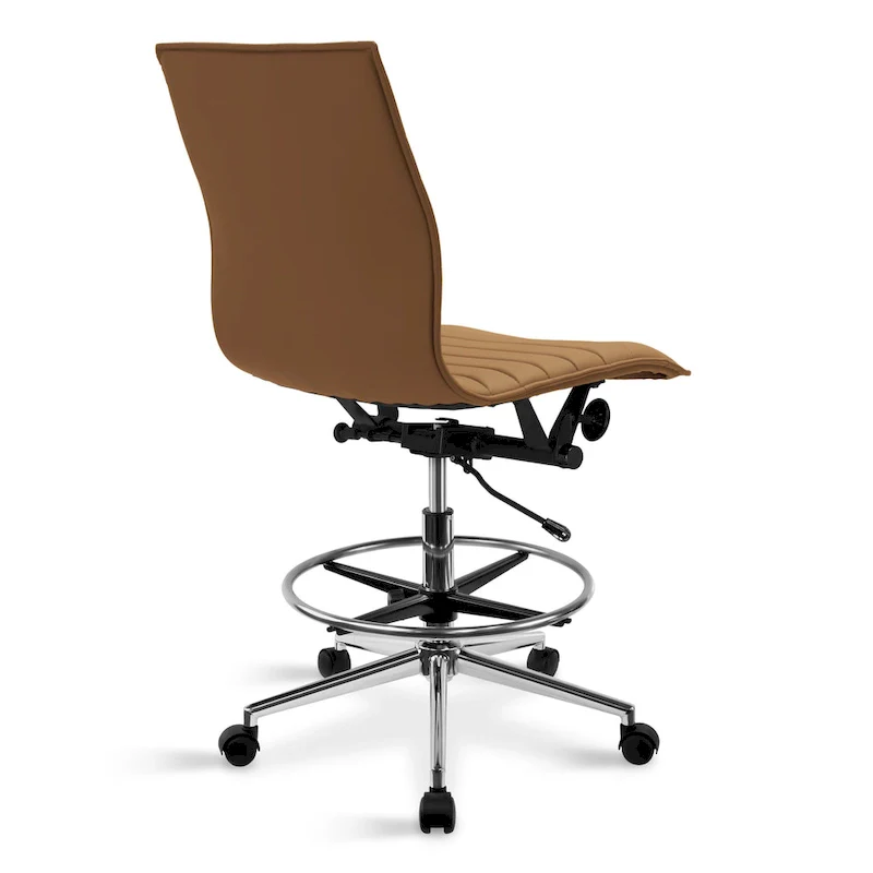 Modern Drafting Chair Upholstered PU Leather Ribbed Armless Mid Back with Tall Adjustable Base & Leg Rest