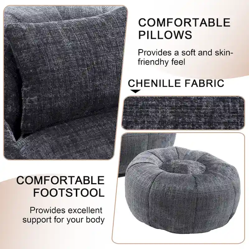 HOMEFUN Chenille Upholstered Round Lazy Cozy Bean Bag Chair with Ottoman and a Pillow