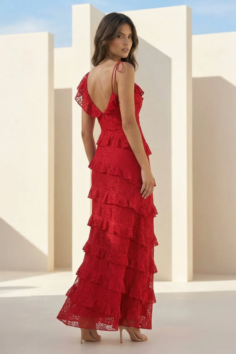 Red Sheath V Neck Lace Long Prom Dresses With Ruffles