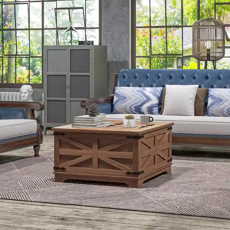 Farmhouse Coffee Table with Storage, Center Table with Hinged Lift Top and Hidden Space, Square Coffee Table