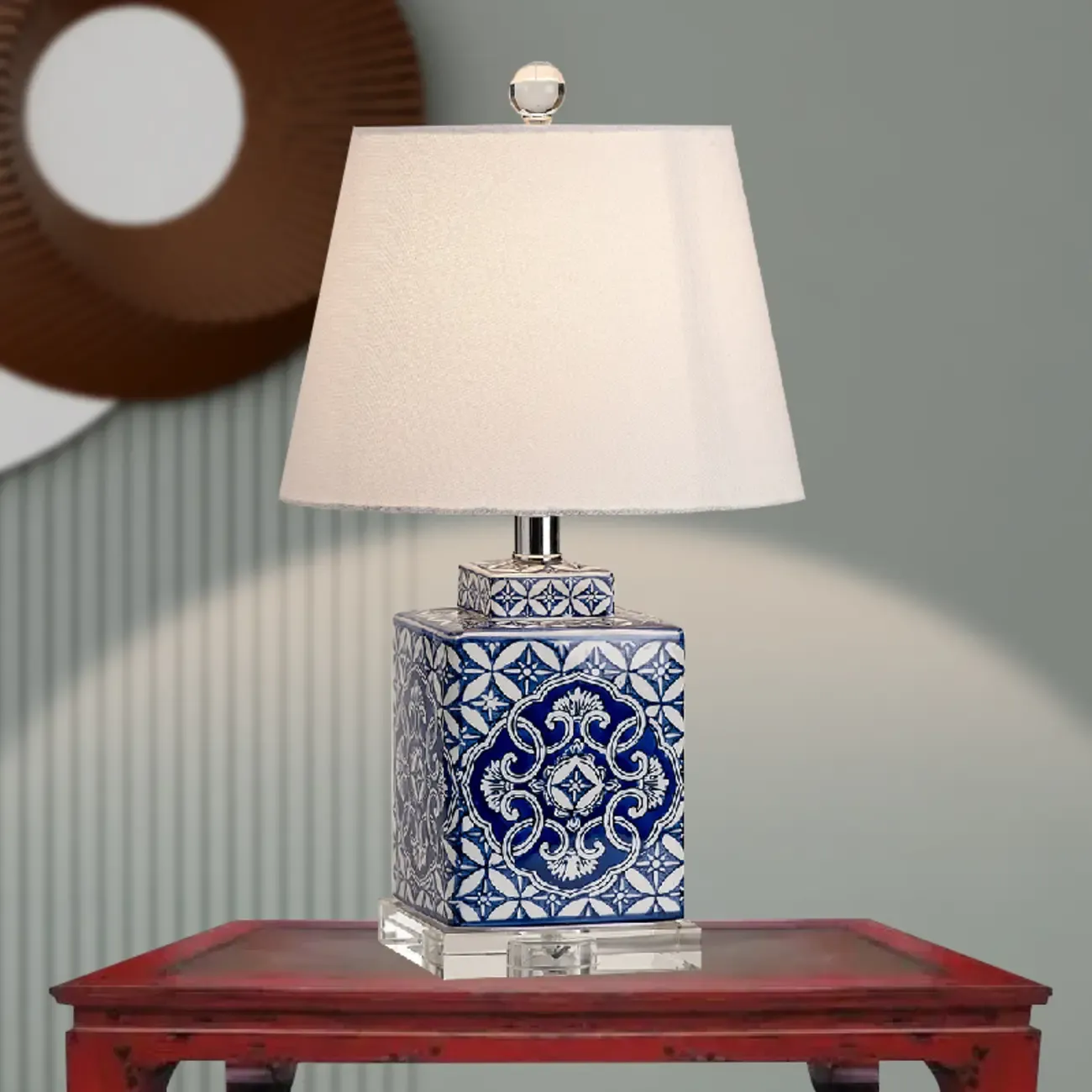 Blue Traditional Ceramic Table Lamp with Fabric Shade