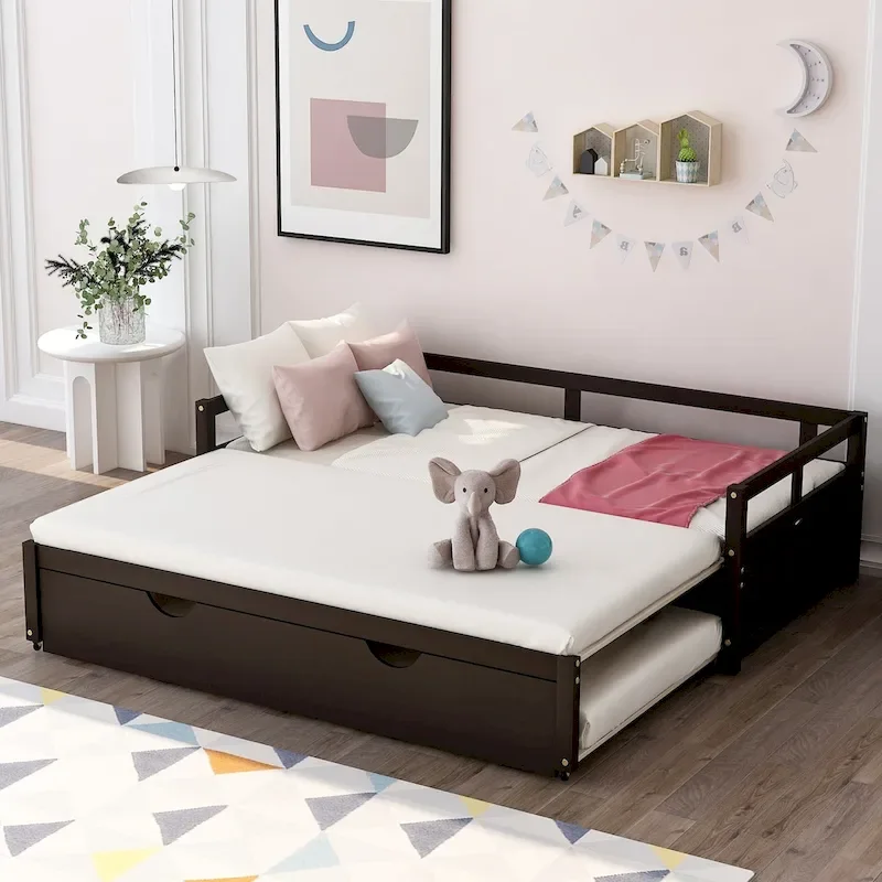 Espresso / Grey / White Solid Pine Wood Daybed with Pull-Out Trundle, Twin to King Expandable, 1-2 Person