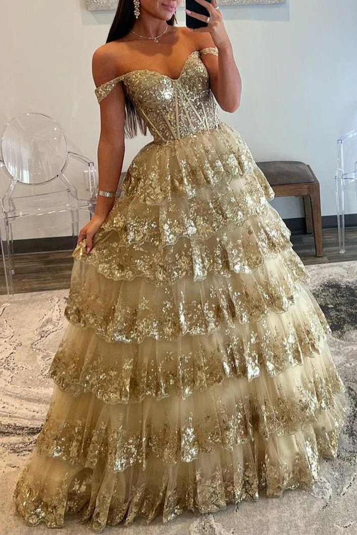 Princess Off the Shoulder Sequined Lace Prom Dress