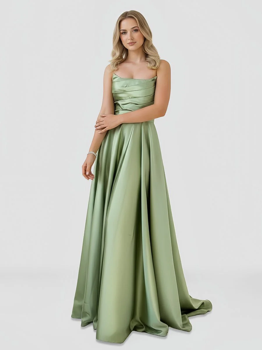 Strapless Sage Green Satin A-line Long Prom Dress With Slit