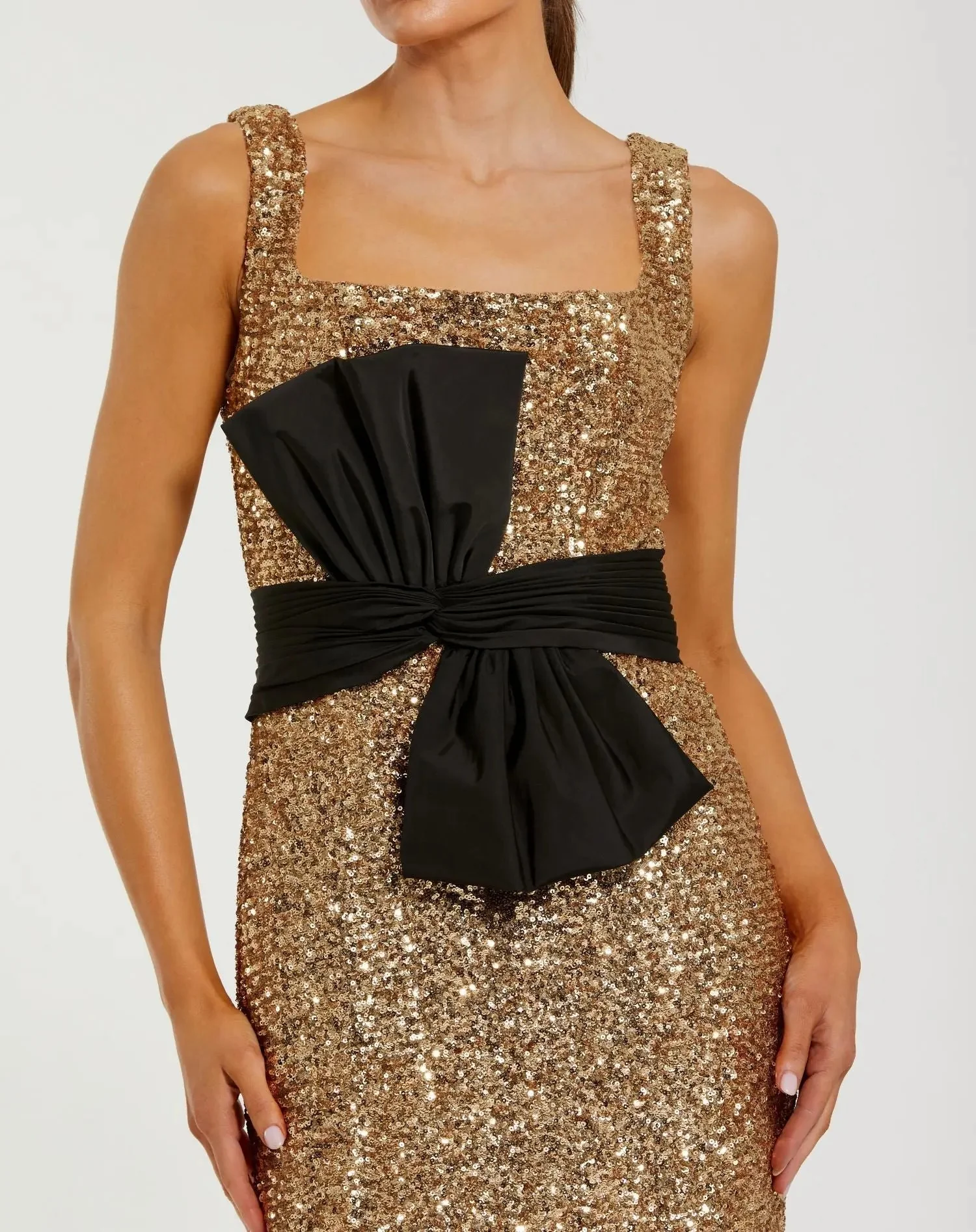 Gold Sequin Square Neck Column Gown With Faille Bow