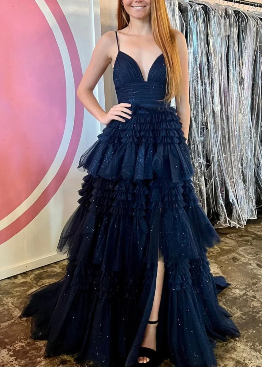 Tulle Deep V Neck Spaghetti Straps Long Prom Dress