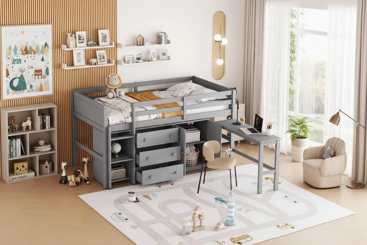 White Twin Low Loft Bed with Desk, Storage & Shelves – 1-Person
