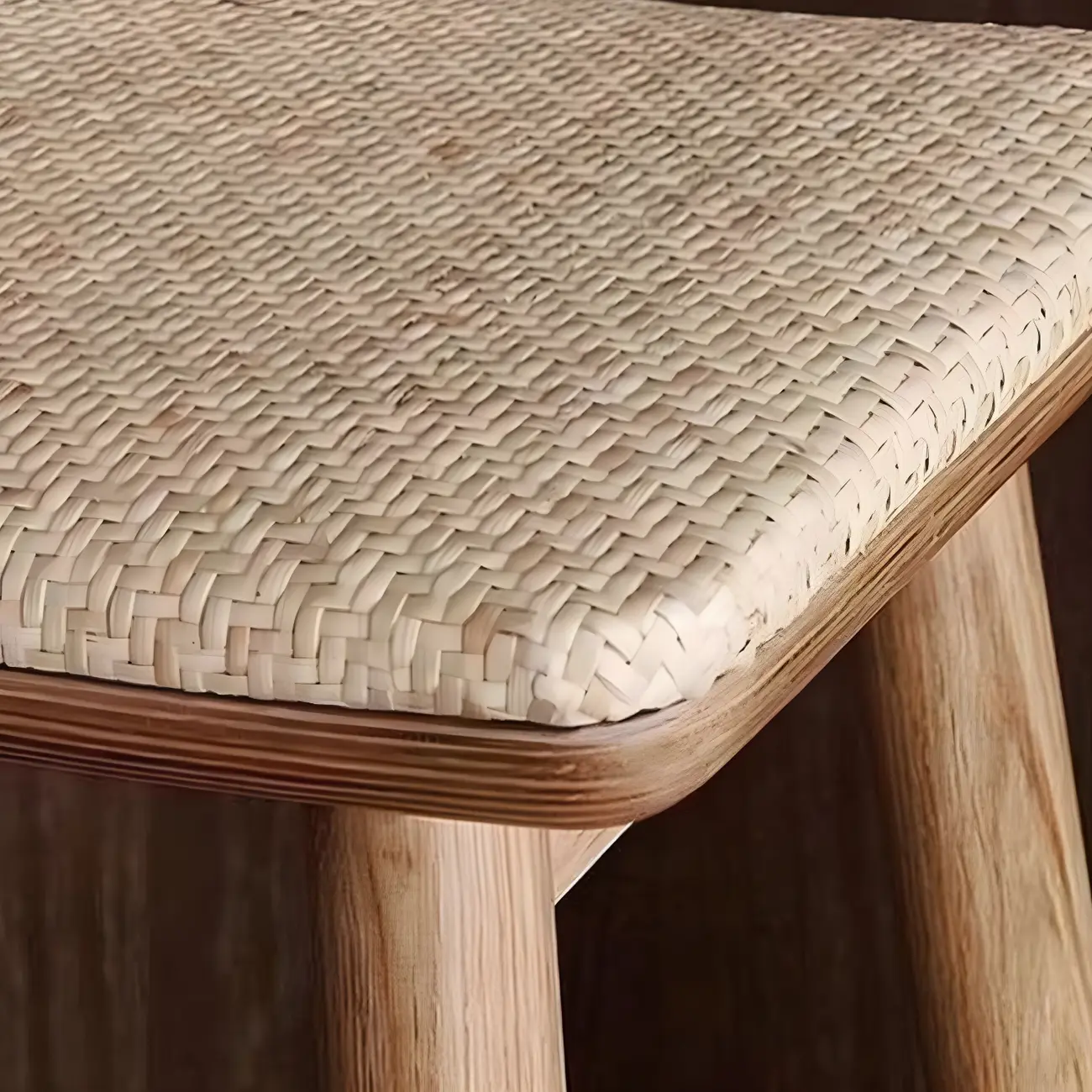 Brown Oak Wood  Ratten Seat Backless Counter Bar Stools