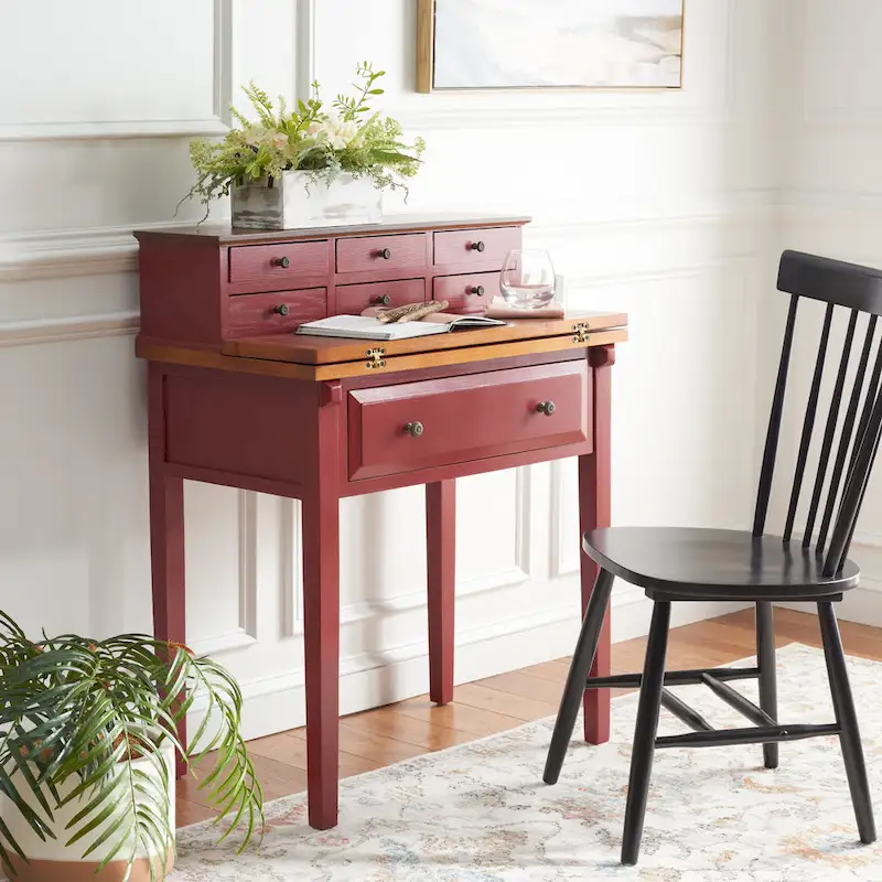 Gerly 7-Drawer Fold-Down Desk – Pine & Honey Oak Writing Surface, Antique Roll-Top Style, Small Space Office