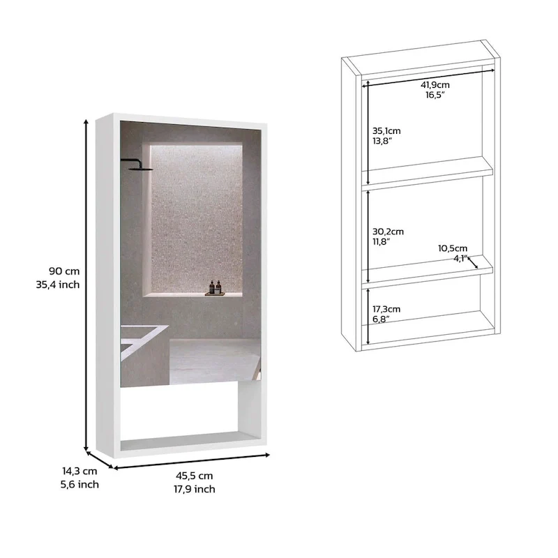 Black / White / Gray Mirrored Medicine Cabinet with 1 Shelf, Single