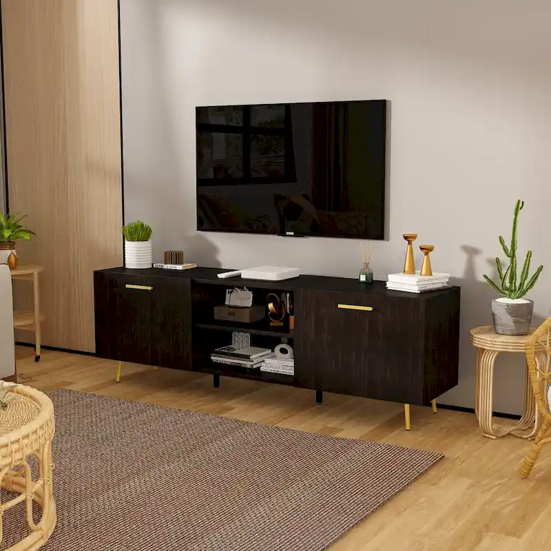 Black TV Stand with Gold Legs - 2 Door Storage for Living Room