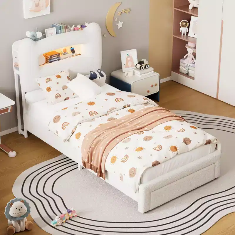Upholstered Twin Bed Frame with 2-Tier Storage Headboard, LED Platform Bed with Charging Station and Drawer for Kids/Girls/Boys, No Box Spring Needed