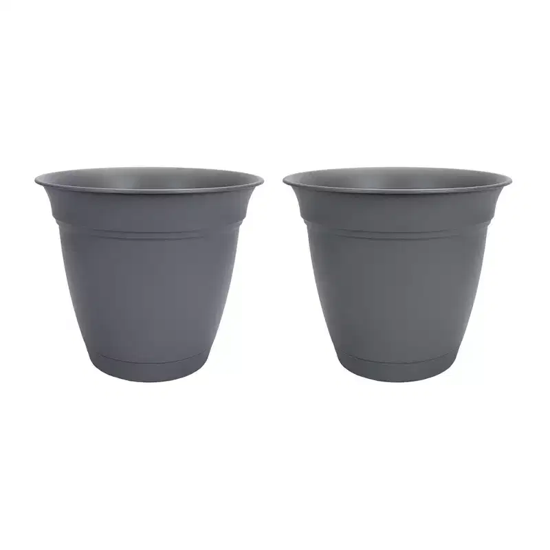 HC Companies 12 Inch Eclipse Planter Indoor Outdoor Round Classic Pot w/ Attached Saucer for Flowers, Vegetables, and Succulents, Warm Gray (2 Pack)