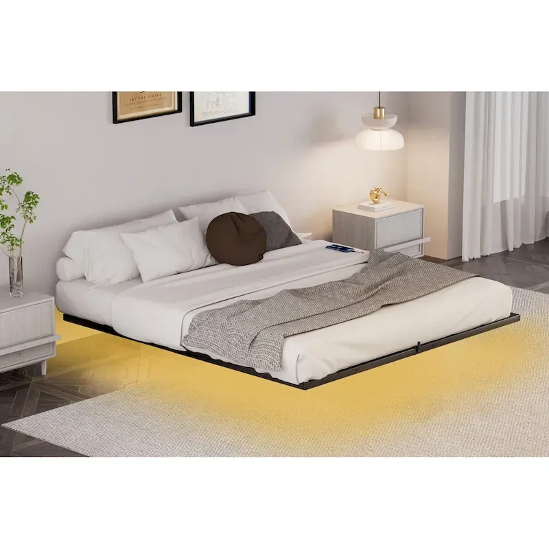 Modern Floating Bed with LED Lights, Charging Station & Metal Frame