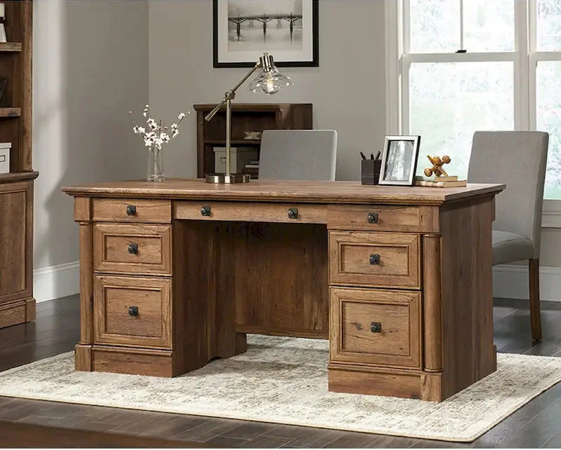 Vintage Oak Executive Desk with Keyboard Shelf and File Drawers