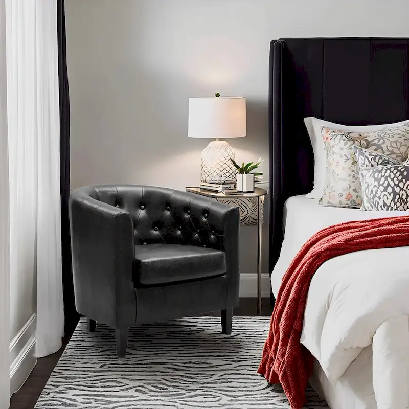 Accent Chair, Button Tufted Faux Leather Barrel Chair, Midcentury Modern Accent Chair, Comfy Armchair, Tub Barrel Chairs