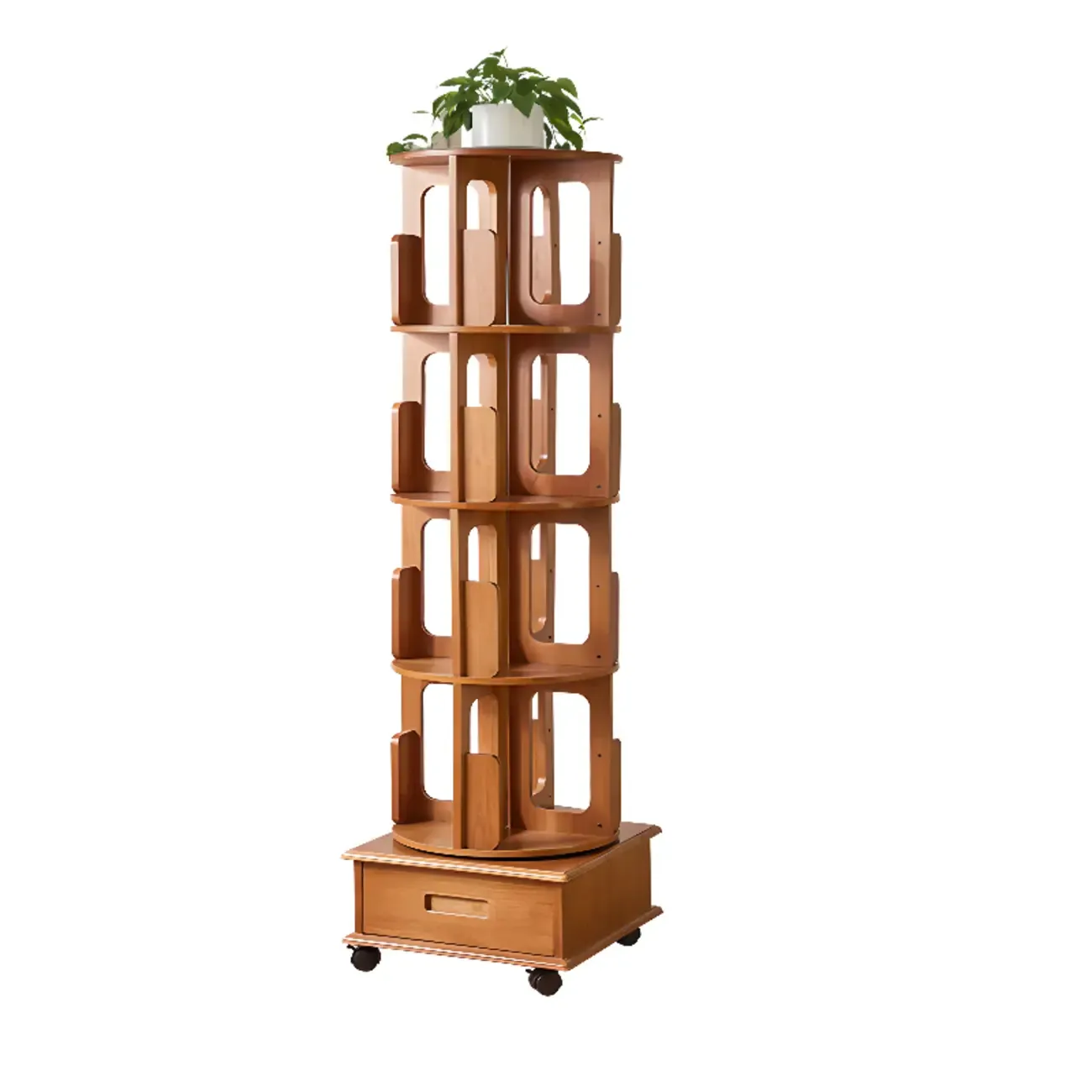 Narrow Rotating Cherry Wood Vertical Bookcase With Drawer
