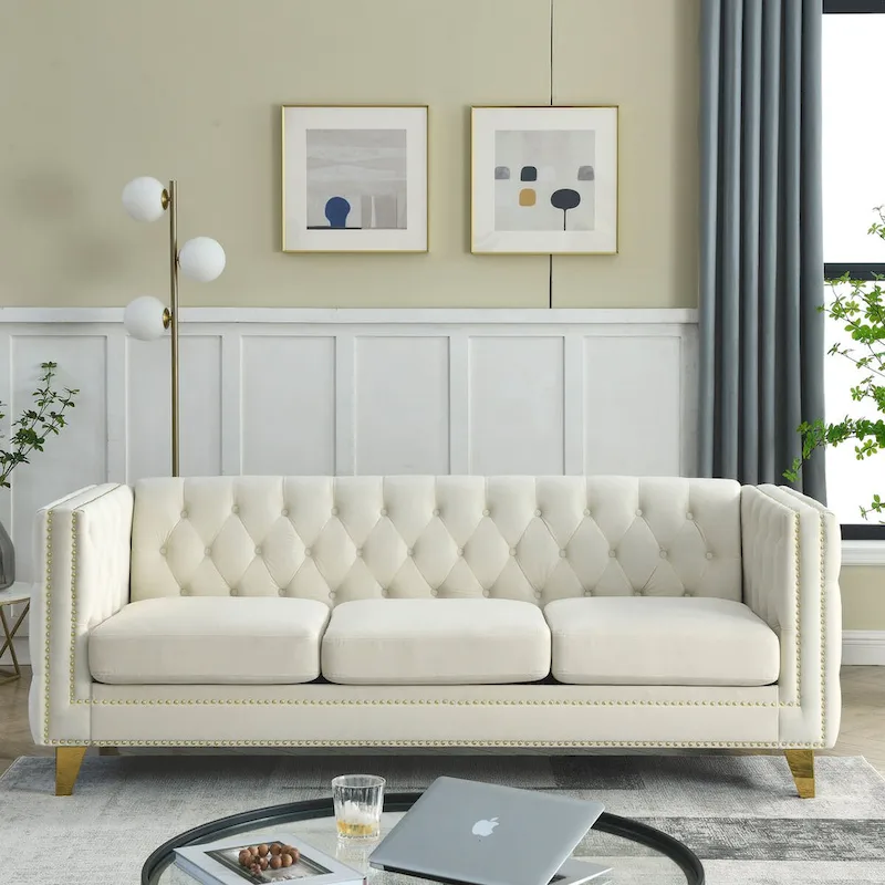 Velvet Upholstered 3 Seat Sofa, Classic Chesterfield Couch Buttons Tufted Square Arm Sofa with Nailheads and Metal Legs