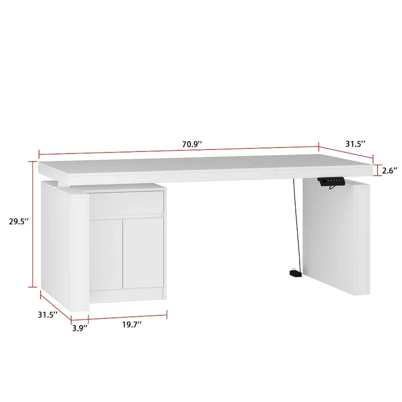 Ergonomic Sit-Stand Desk Pure White Elegance with Side Cabinet Table
