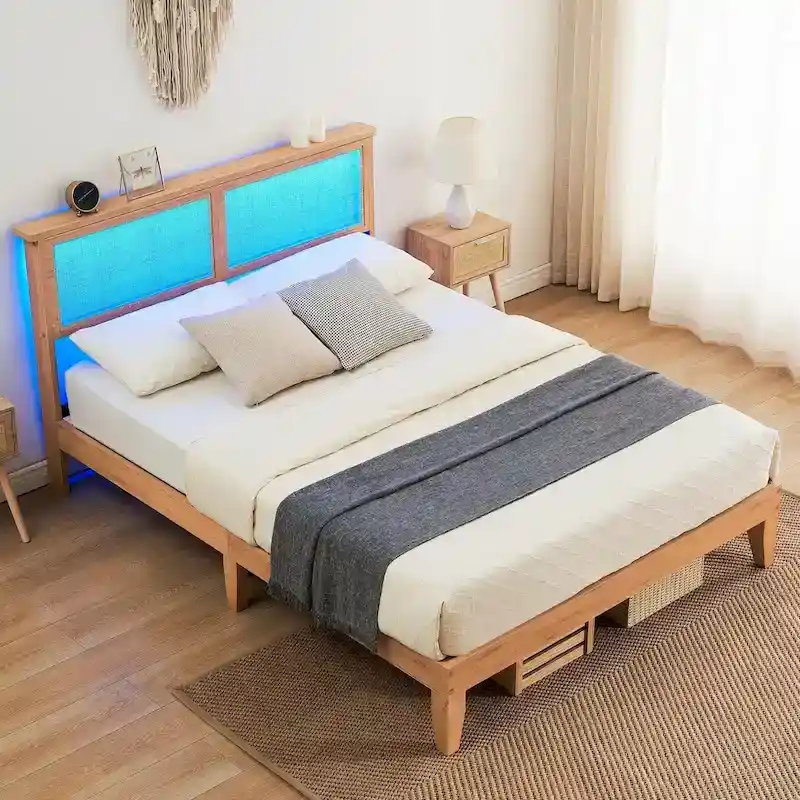 Bed Frame with Natural Rattan