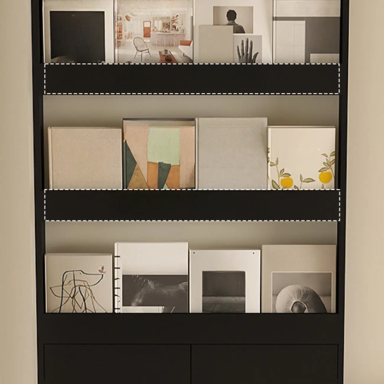 Slim Black 5-Tier Open Back Wood Bookcase with Cabinet