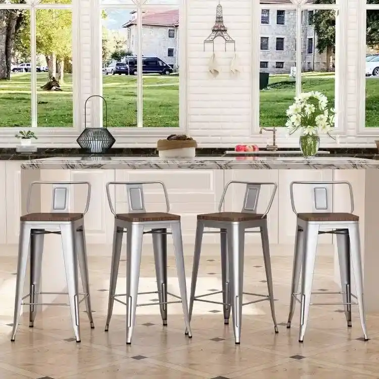 Silver Metal Bar Stools with Wood Seat, Industrial Style, Set of 4, Counter Height 23-28 in.