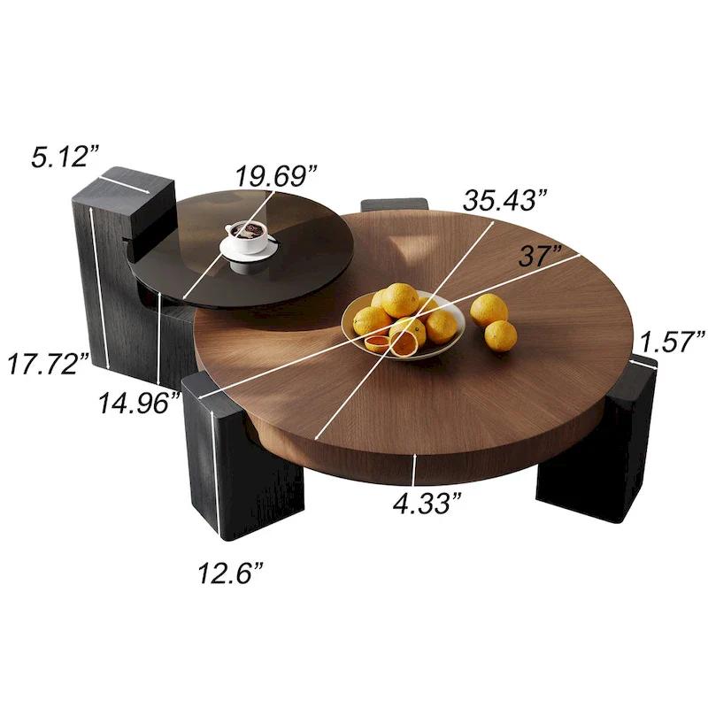 37 Modern Round Nesting Coffee Table, Mid Century Wood Coffee Table, Brown & Black Solid Wood Veneer