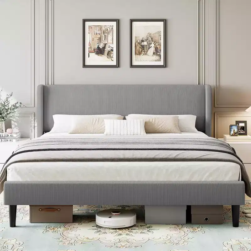 Coolmee Upholstered Full/Queen/King Bed Frame with Wingback Headboard, Velvet Upholstery Platform Bed, No Box Spring Needed, Wood Slats Support
