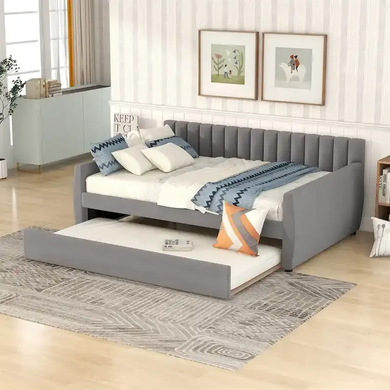 Grey / Beige Velvet Upholstered Daybed with 2 Drawers & Wood Slat Support – Twin / Full