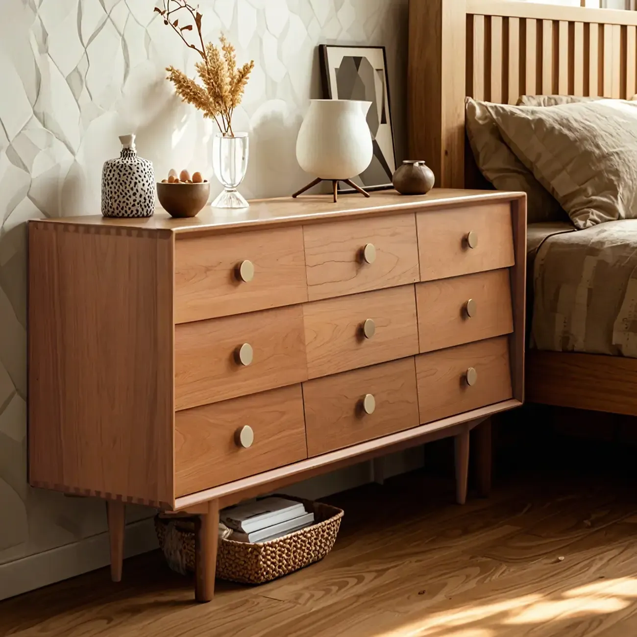 Contemporary Extra Wide Brown Pine Wood 9-Drawer Dresser