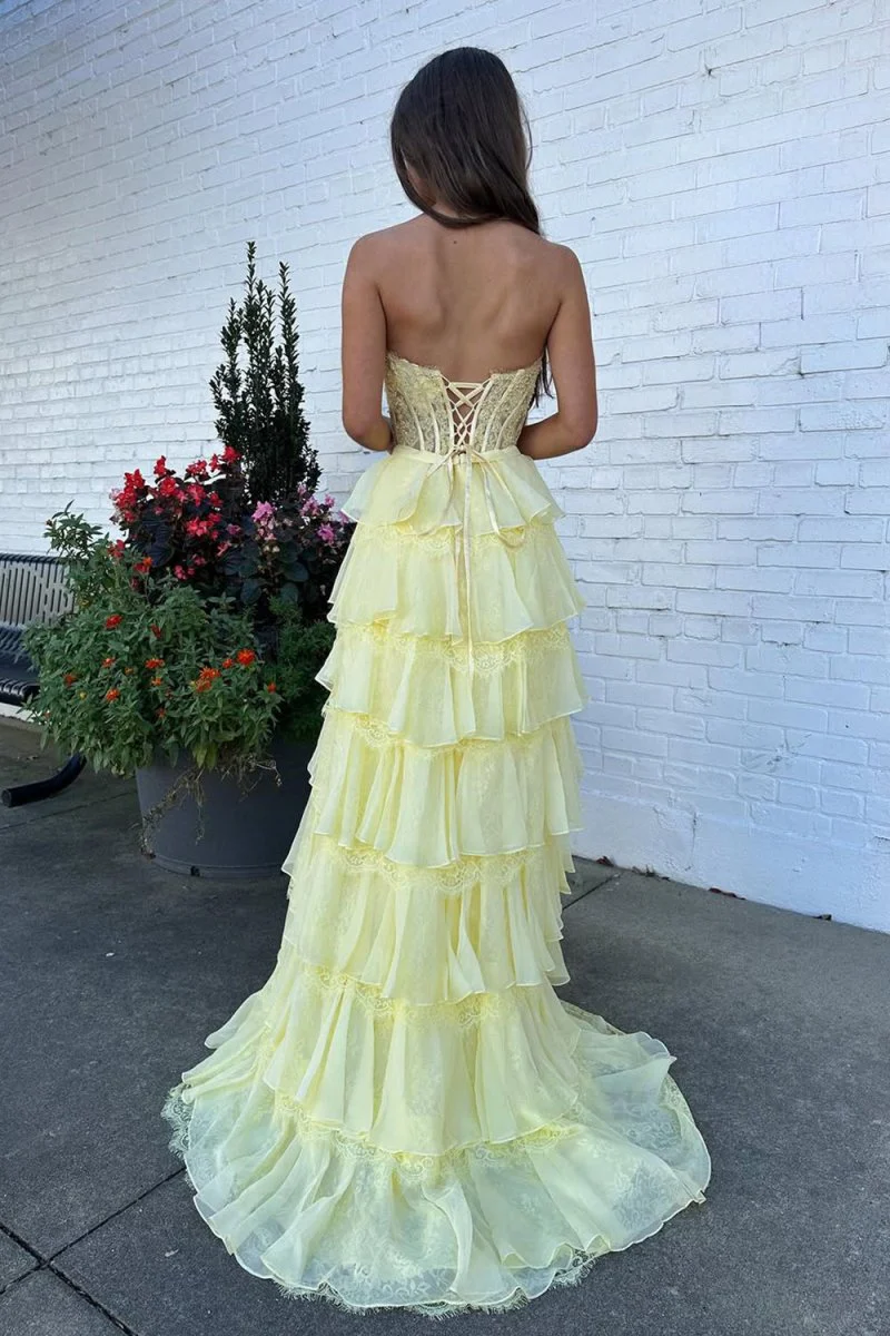 Yellow - Strapless A Line Chiffon Tiered Prom Dresses With Bow