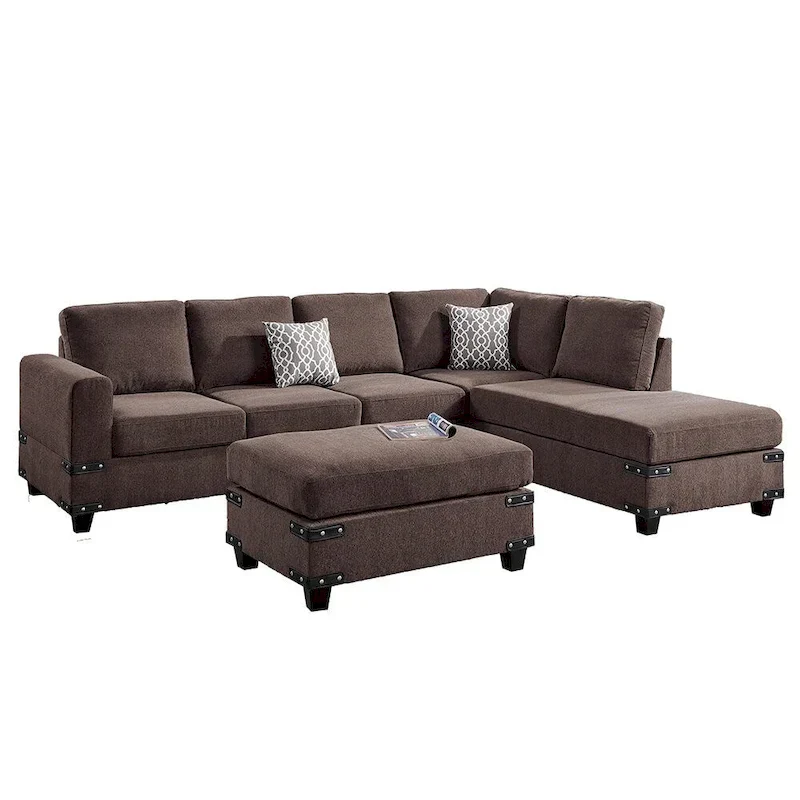 Poundex 3 Piece Fabric Sectional Sofa Set with Ottoman