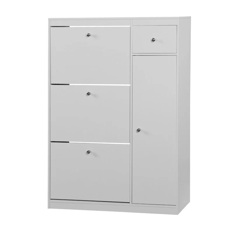 White Narrow Shoe Cabinet with 3 Flip Drawers & Side Shelf, Fits 20+ Pairs