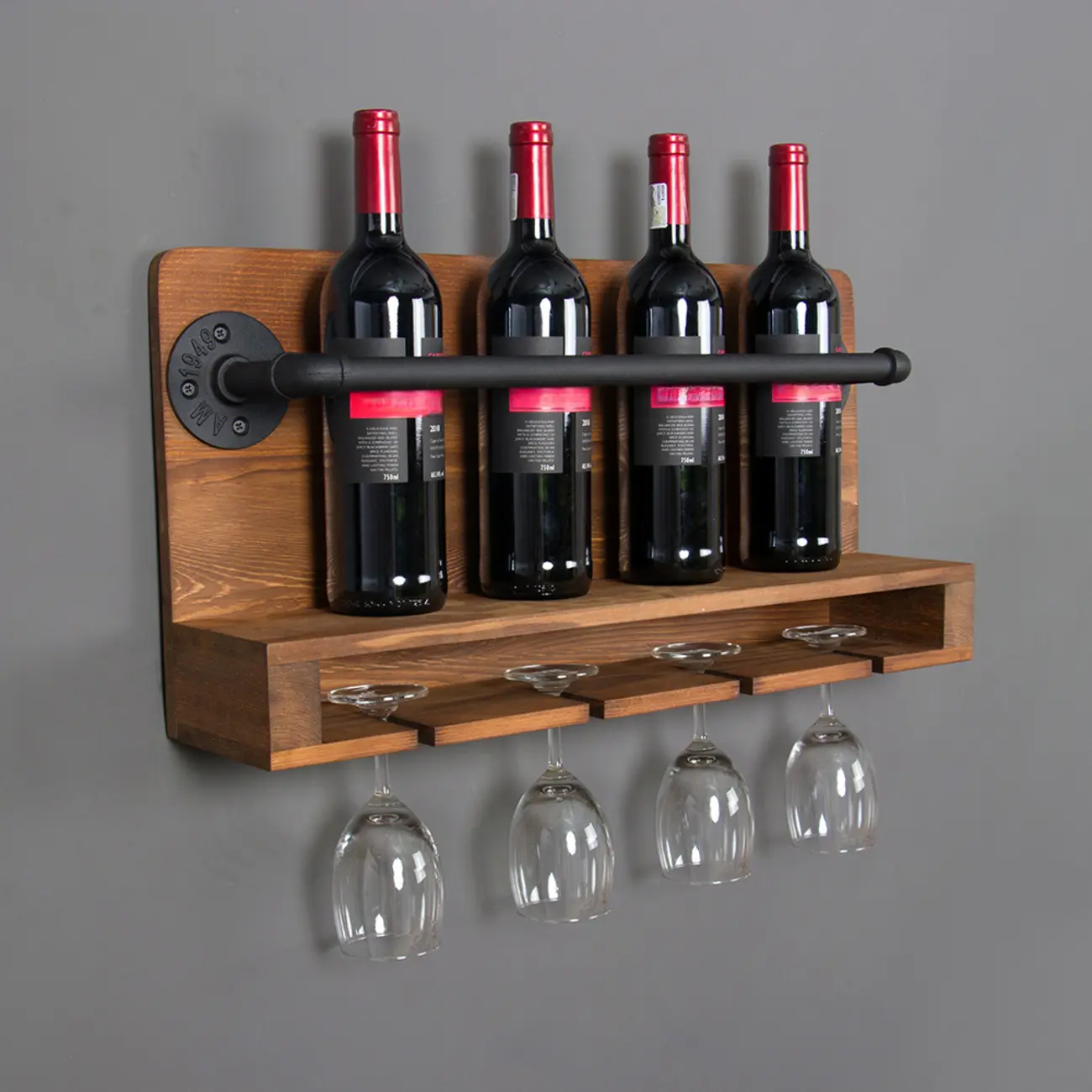Modish Wooden Floating Mount Wall-fixed Wine Bottle and Glass Rack