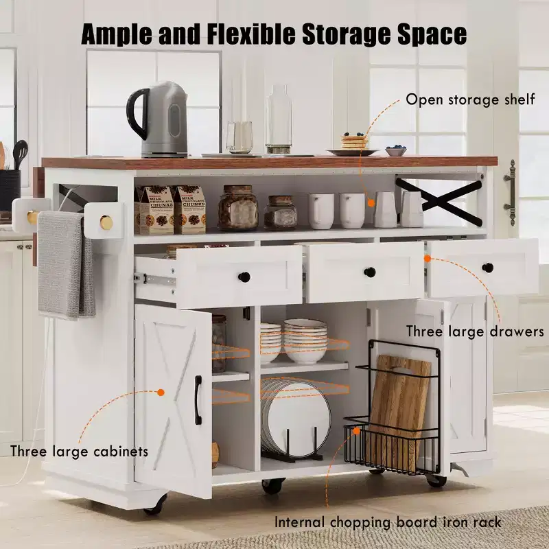 46.5 Farmhouse Kitchen Island with Power Outlet & Beaded Drape - Rolling Cart with Drop Leaf, 3 Drawers & Locking Wheels
