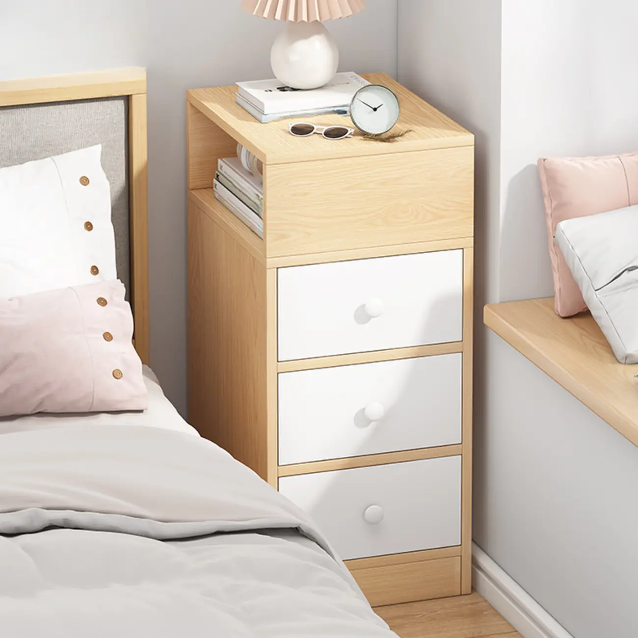 Natural Finish Casual Engineered Wood 3 Drawer Nightstand