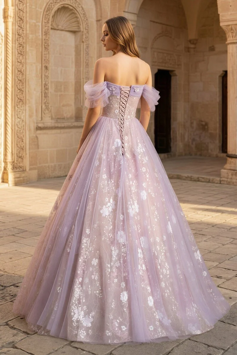 Lilac Off The Shoulder Tulle A Line Prom Dress With Appliques