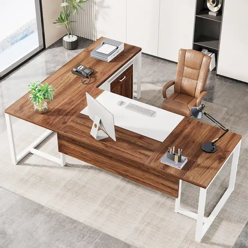 70.8 Inch Executive Desk with File Cabinet Large L Shaped Office Executive Desk Computer Desk