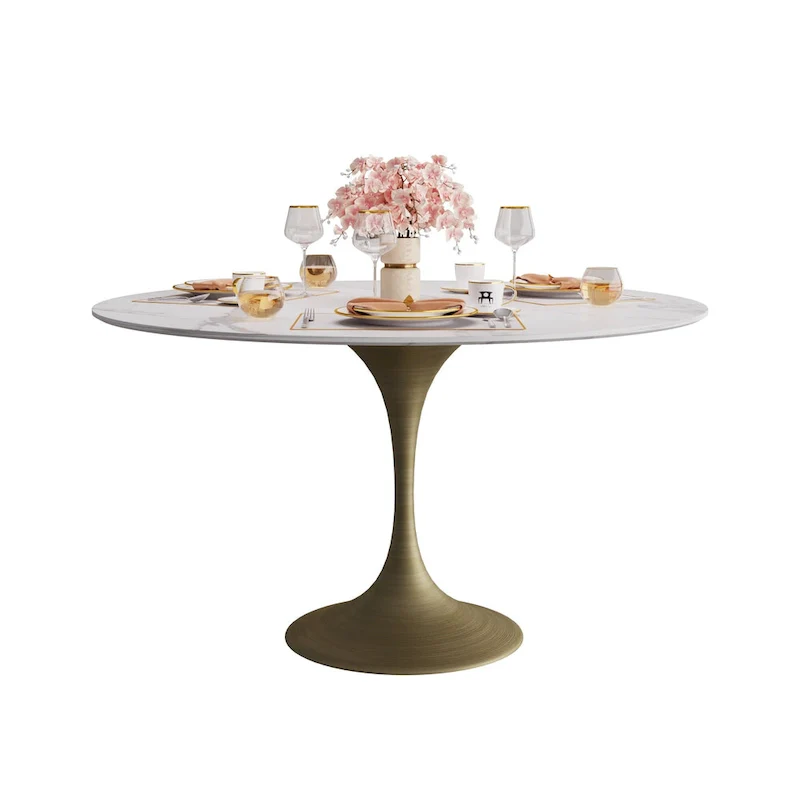 Modern Faux Marble Top Iron Pedestal Dining Table